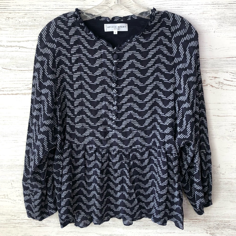 APIECE APART Textured 100% Silk Geometric Ruffle Peplum Button Front Blouse 8